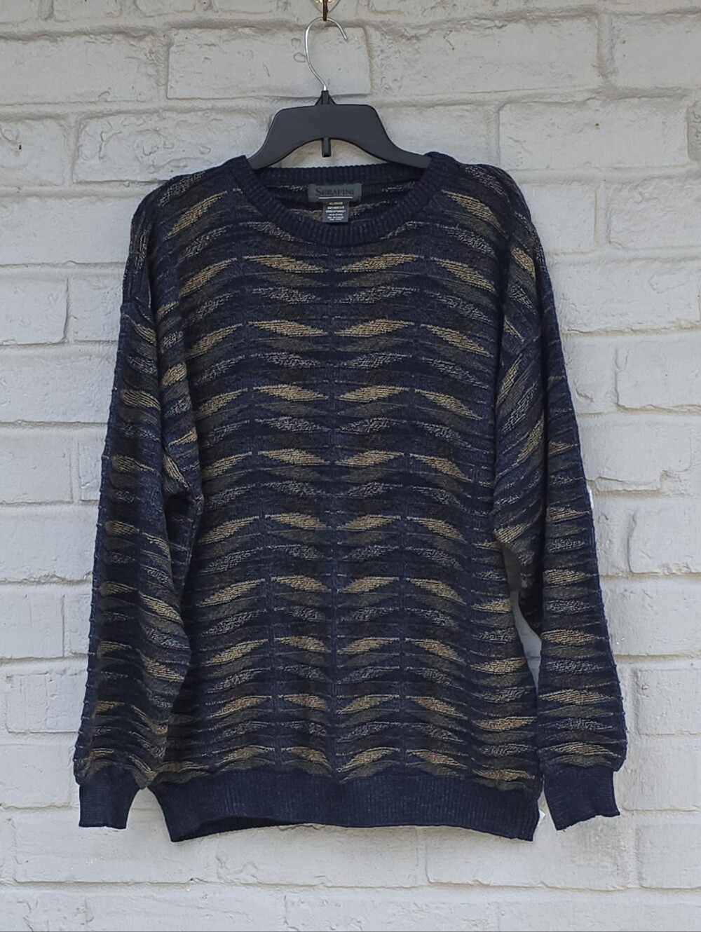 VTG 90s Serafini 3D Textured Knit Sweater Mens XL Cosby Coogi Style Earth Tone